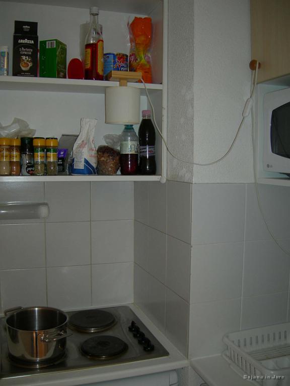 Slika_112.jpg - O arhitekturnih in drugih napakah bi se lahko razgovorila za celo Vojno in mir, pa naj omenim le to cvetko. Že zelo zgodaj je počila žarnica v kuhinji, zato smo morali improvizirati z lučko z nočne omarice. Ko je mojster le prišel zamenjat žarnico, smo se tako navadili na to lučko, da smo jo pustili, pa še pult je boljše osvetljevala. MacGyver trak je zakon. (Slikala Saša J.)