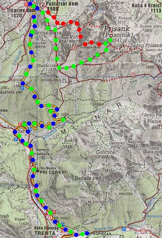 Slika_01.jpg - Štart ture je bil s parkirišča za Zadnjico na višini približno 630 m. Modre pike označujejo vzpon na Vršič (1611 m), rdeče vzpon po Kopiščarjevi smeri na Prisojnik (2547 m) in zelene spust v dolino.
